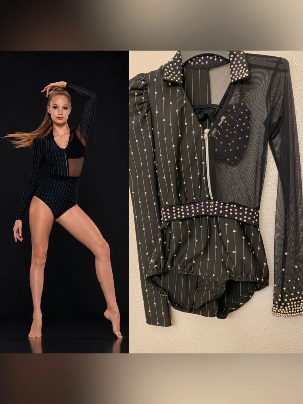 Kelle solo dance costume 2 piece black pin stripe jazz bling 5333 stoned LC